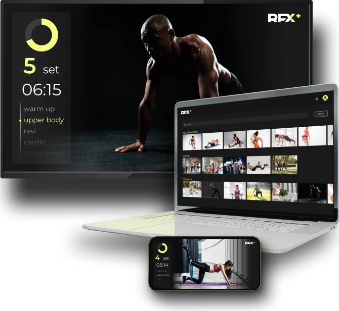 RFX Plus workout shown on a TV, laptop and phone