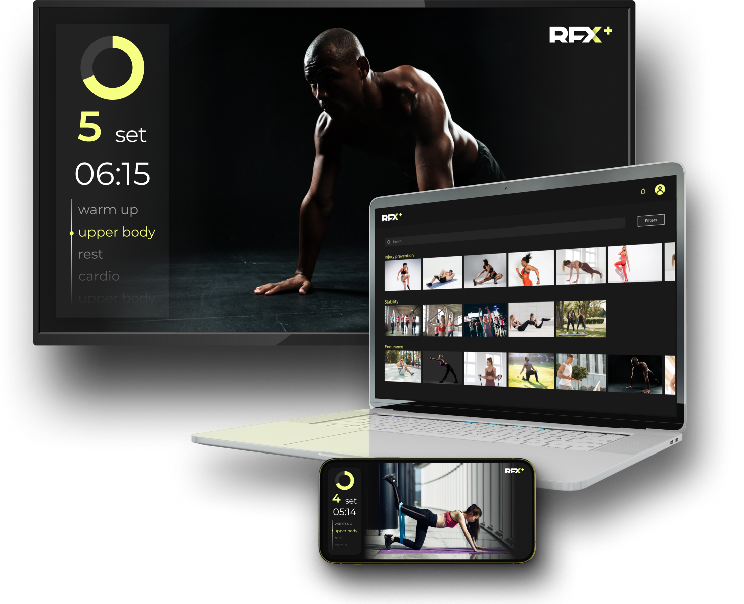RFX Plus workout shown on a TV, laptop and phone
